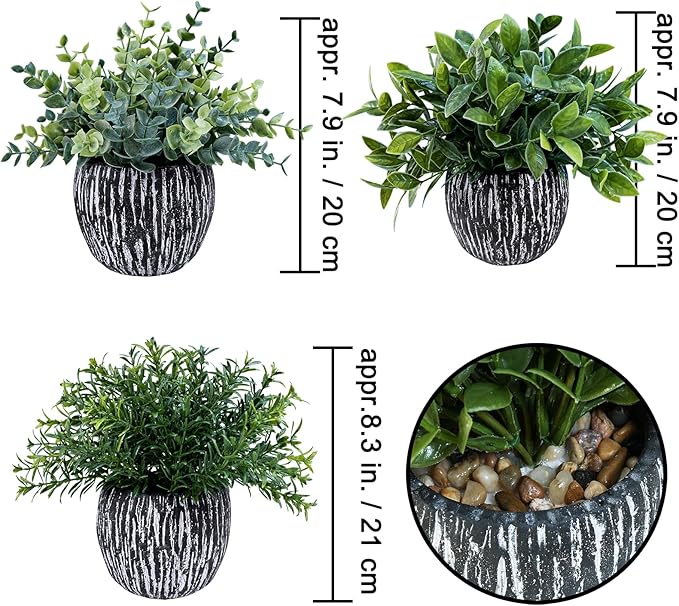 Winlyn Set of 3 Artificial Potted Plants Faux Eucalyptus Rosemary Boxwood Greenery in Black & White Concrete Pots Small Fake Plant for Indoor Outdoor Home Office Table Shelf Windowsill Greens Décor Winlyn