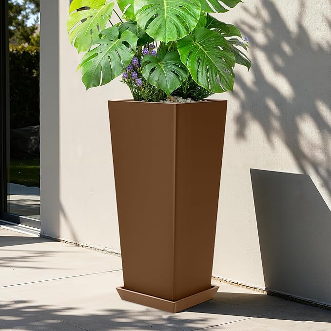 Set of 2 Large Planters for Outdoor Plants 24" Tall Tapered Modern Flower Pots with Drainage Tray for Garden, Patio, Porch (Brown) PolarcoForgeco