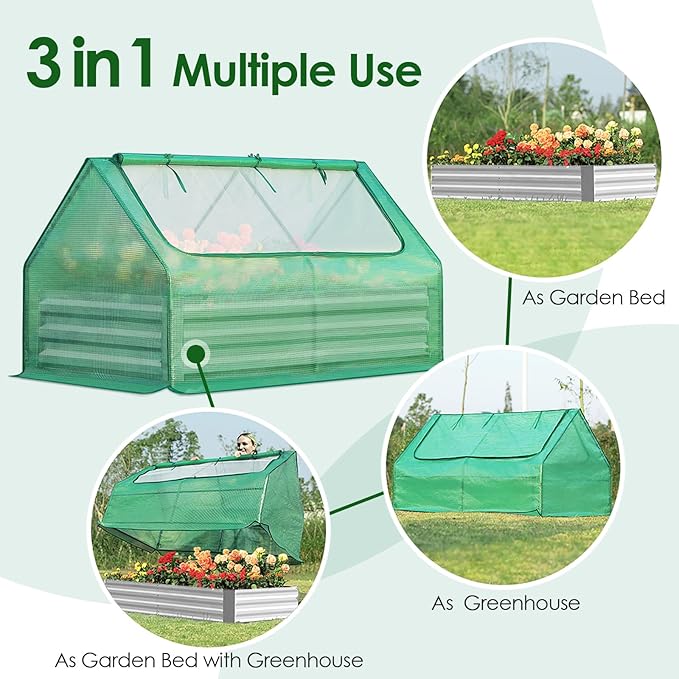 Quictent 6x3x1ft Galvanized Raised Garden Bed with Cover Metal Planter Bottomless Box w/ 2 Large Screen Windows Mini Greenhouse 20pcs T-Tags 1 Pair Gloves Outdoor Growing Vegetables (Green) QUICTENT