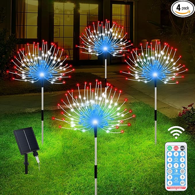 Solar Garden Lights Outdoor, 4 Pack Total 480 LED Solar Firework Lights Decorative 4th of July Decoration, Outdoor Waterproof Lights for Outside Yard Garden Pathway Decor Slyuexu
