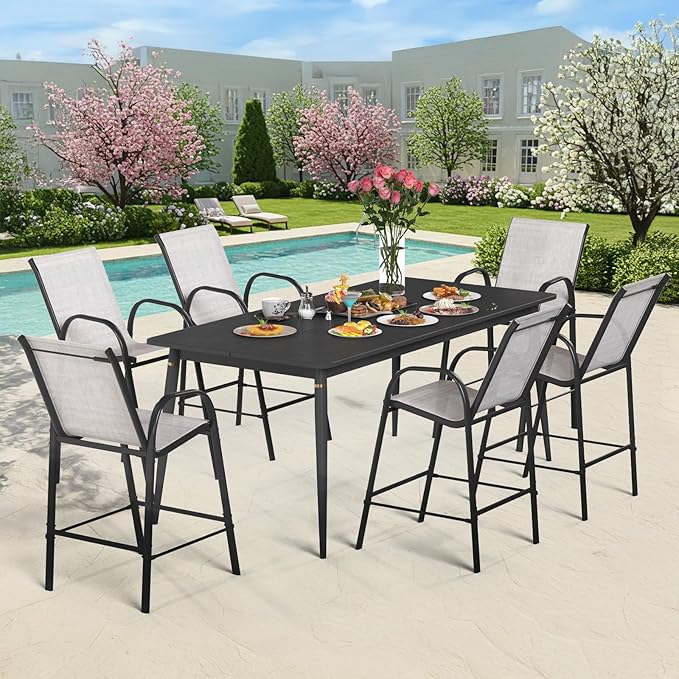 HOMREST Outdoor Bar Height Stools Set of 6,High Back Patio Chairs with Armrests,Textilene Chairs with Breathable Fabric & Metal Frame for All Weather,Light Grey HOMREST