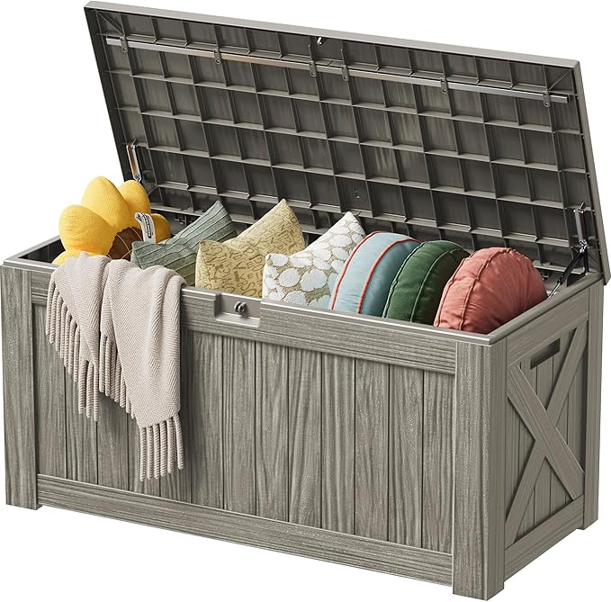 Devoko 125 Gallon Outdoor Storage Box, Waterproof Resin Deck Box for Patio Furniture, Lockable Container for Garden Cushions & Pool Supplies (Light Brown, 125 Gallon) DEVOKO