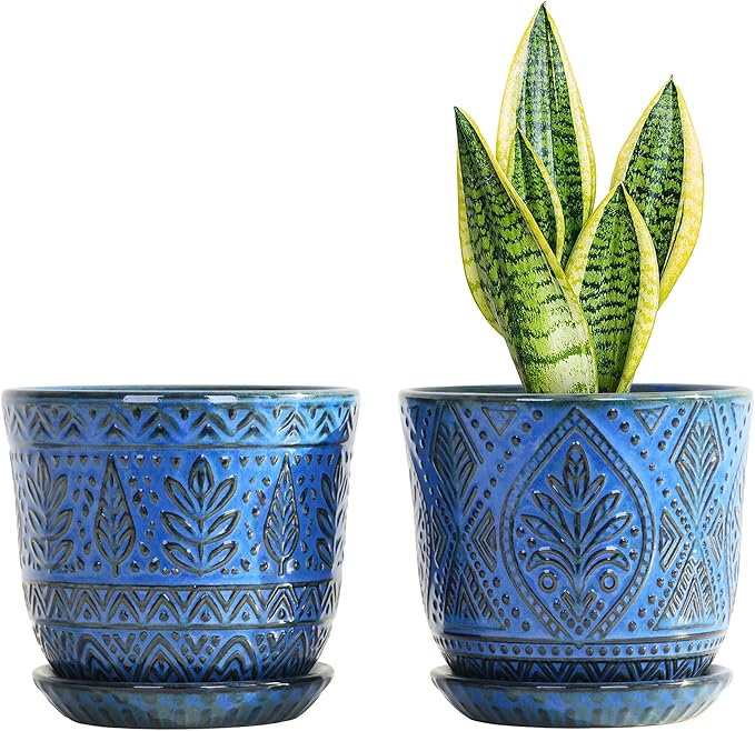 Gepege Beaded Ceramic 6 Inch Planter Set of 2 with Drainage Hole and Saucer for Plants, Indoor-Outdoor Large Round Succulent Orchid Flower Pot (Blue, Inner-pots not Larger Than 5 Inch) Gepege