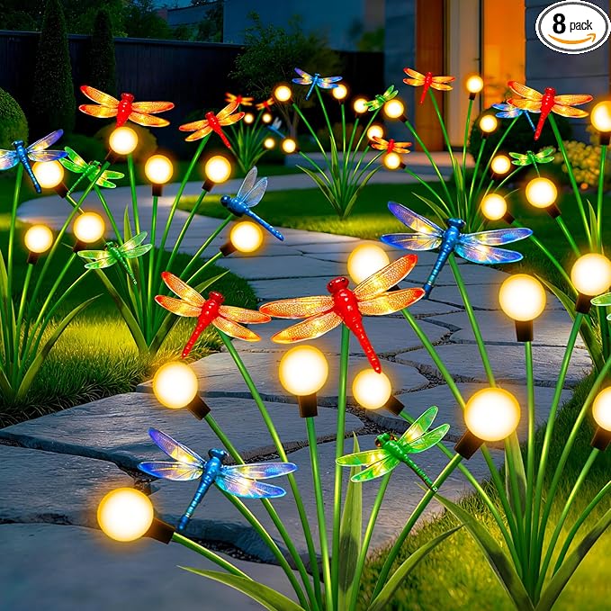 Solar Garden Lights Outdoor - 8 Pack Dragonfly Solar Swaying Light, Sway by Wind, Firefly Lights Outdoor Yard Patio Pathway Decoration, Big Bulb, High Flexibility Iron Wire & Realistic Dragonflies yulloyello