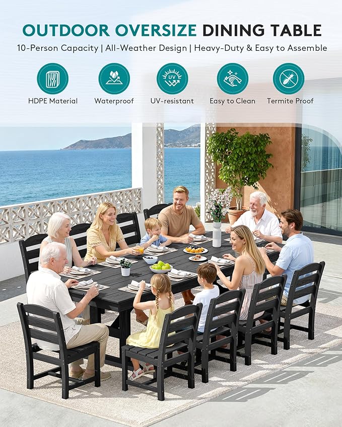 SERWALL Outdoor Dining Chairs Set of 4, All-Weather HDPE Patio Chair with 19.7" Widened Seat, for Backyard, Garden, Black SERWALL