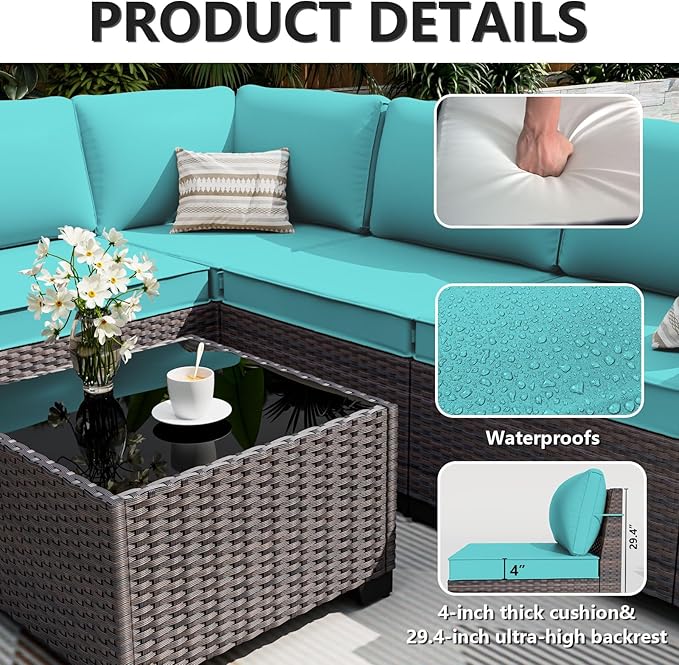 ALAULM 12 Pieces Outdoor Patio Furniture Set Sectional Sofa Sets Brown PE Rattan Patio Conversation Set w/10 Turquoise Blue Seat Cushions and 2 Coffee Tables ALAULM