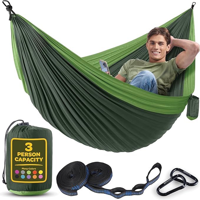 Durable Hammock 550 lb Capacity, Nylon Camping Hammock Chair - Double or Single Sizes w/Tree Straps and Attached Carry Bag - for Travel/Backpacking/Beach/Backyard (X-Large, Forest Green & Lima Green) Sewanta