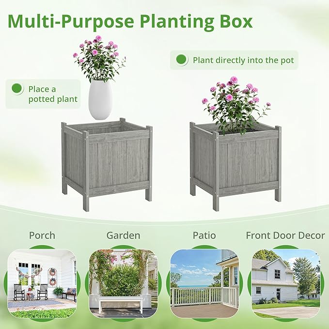 LUE BONA Outdoor Plant Pots, 13.7" x 12.5" x 14.5" HDPS Flower Pots with Drainage Holes, Outdoor Planters Boxes for Outdoor Plants - Porch Patio, Garden or Entryway, Light Gray-Oil Printed LUEBONA