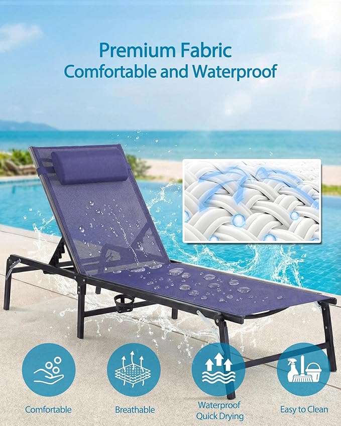 2 Pack Foldable Chaise Lounge Chair with Cup Holder, Assemble-Free Outdoor Lounge Chair with Detachable Pillow and 6 Adjustable Backrest, Patio Lounge Chair for Outside Poolside Beach Pool, Blue HOMELYM
