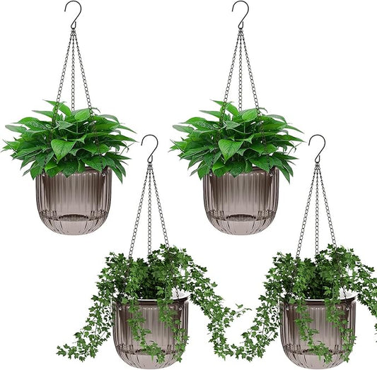 Meanplan 4 Pcs Self Watering Hanging Planter Indoor 6.5 Inch Hanging Baskets for Plants Outdoor Plastic Flower Pot with 3 Hooks Chains Drainage Holes for Garden Home, Medium Size(Gray) Meanplan