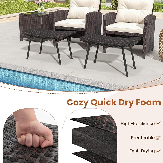 Tangkula Set of 2 Patio Ottomans, Multipurpose Rattan Ottomans w/Padded Quick Dry Foam & Heavy-Duty Metal Legs, Outdoor Wicker Footrest Extra Seating for Poolside, Backyard All Weather Resistant TANGKULA