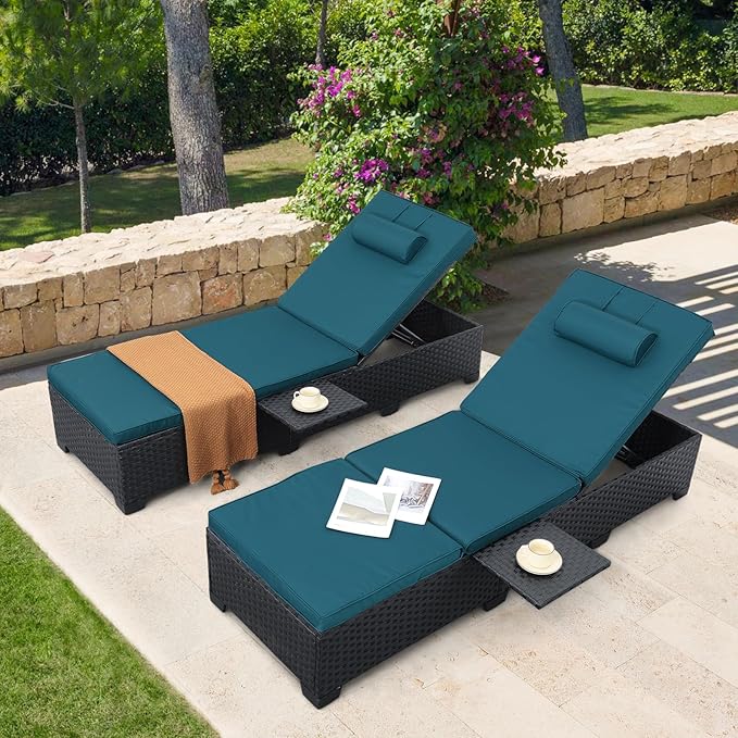 WAROOM Outdoor Chaise Lounge Chairs for Outside Patio Furniture Set of 2 Wicker Recliner Black Rattan Sunbathing Lounger Adjustable Backrest Pool Reclining Chair, Peacock Blue Cushion WAROOM