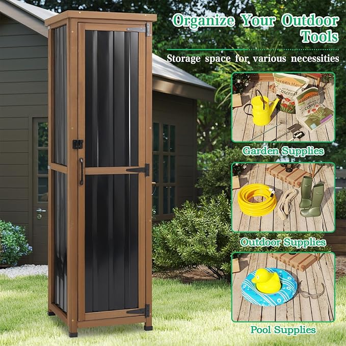 Outdoor Storage Cabinet Weatherproof, Tall Wood Garden Potting Bench Table with Removable Shelves, Metal Top, Outdoor Patio Cabinet Work Station for Tool Accessories,17.8''x17.8''x62'' MAGAZOOPET