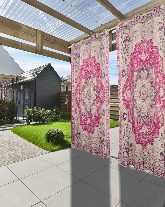 Pink Bohemian Outdoor Curtains for Patio Waterproof, Grommet Privacy Curtain Drapes Weatherproof Outside Curtains for Porch GazeboPergola Cabana 2 Panel 54x84inch Medallion Floral Geometric Printed Rootora