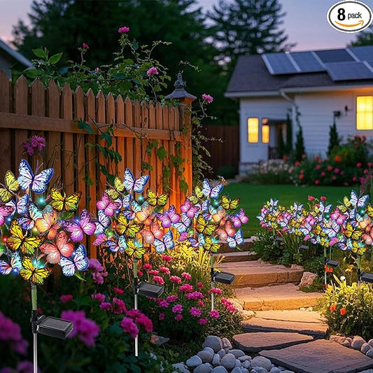 Solar Garden Lights Outdoor Waterproof Decorative Solar Lights Outdoor 8 Pack with 176 LED 136 Butterfly Flower Garden Decor Yard Decorations Patio Lawn, Gifts for Mother's Day Mom Women Adecorty