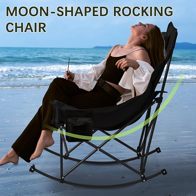 Oversized Rocking Camping Chair with Headrest & Cup Holder - 400lbs Capacity, 600D Oxford Fabric, Easy Fold Portable Outdoor Rocker Chair for Camping, Backyard, Beach, Light Gray Rootora