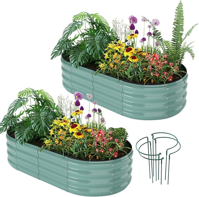Galvanized Metal Planter Raised Garden Bed Kit for Gardening Outdoor Garden Box Raised Flower Bed 2PC Green 4X2X1FT ZFHgarden