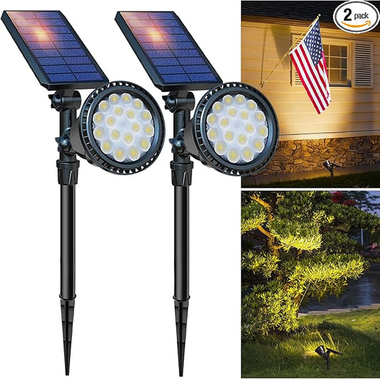 DBF Solar Lights Outdoor, 600LM Solar Spotlights Outdoor Waterproof, 2 Brightness Mode Adjustable 18 LED Flag Pole Light for Garden Yard Patio Landscape Driveway Garage Pool(Warm White, 2 Pack) DBF