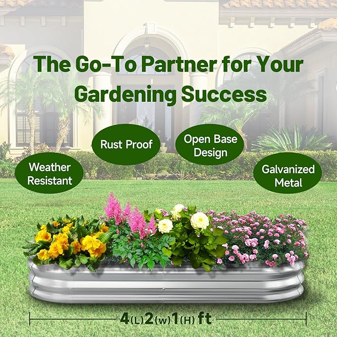 GOOZOO Galvanized Planter Raised Garden Bed, 4x2x1 ft Raised Garden Bed Kit for Gardening Outdoor, Oval Metal Land Planter Box for Vegetables, Flowers, Herbs, Fruits, Easy Assembly（Silver） GOOZOO