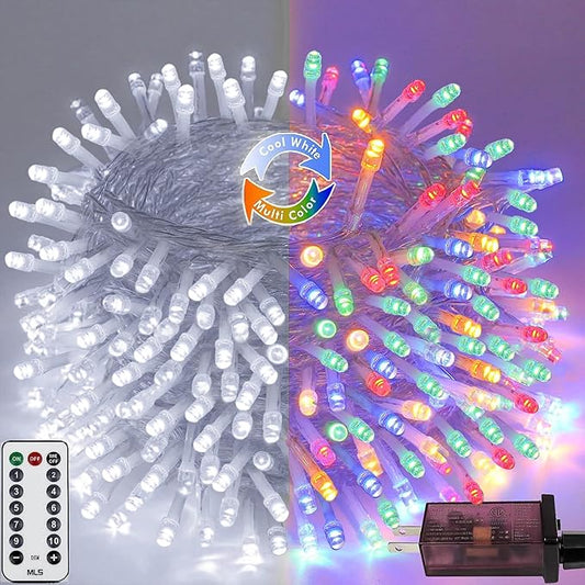 Cool White to Multicolor Color Changing 200 LED 66FT Connectable Christmas String Lights for Outdoor Indoor, 11 Modes Christmas Tree Clear Wire Fairy Waterproof Lights with Memory & Remote & Timer SANJICHA