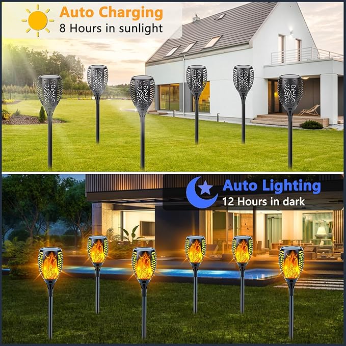 4 Pack Super Larger Size Solar Flame Torch Lights with Flickering Flame, Solar Flame Lights Outdoor Waterproof for Garden Decor, Extra Bright Tiki Torches Solar Lights Outdoor for Pathway Patio Yard SANJICHA