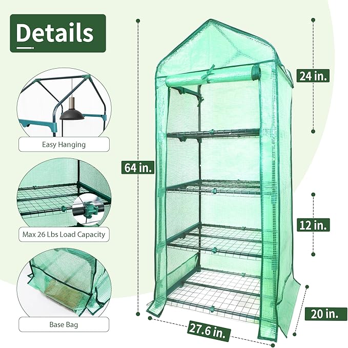 4 Tier Mini Greenhouse for Outdoor Indoor, Double-Layer Roof, Heavy Duty Small Greenhouses with PE Cover, Portable Green Houses for Outside Winter Plant Protection, 64'' H x 27'' L x 20'' W PROWORX