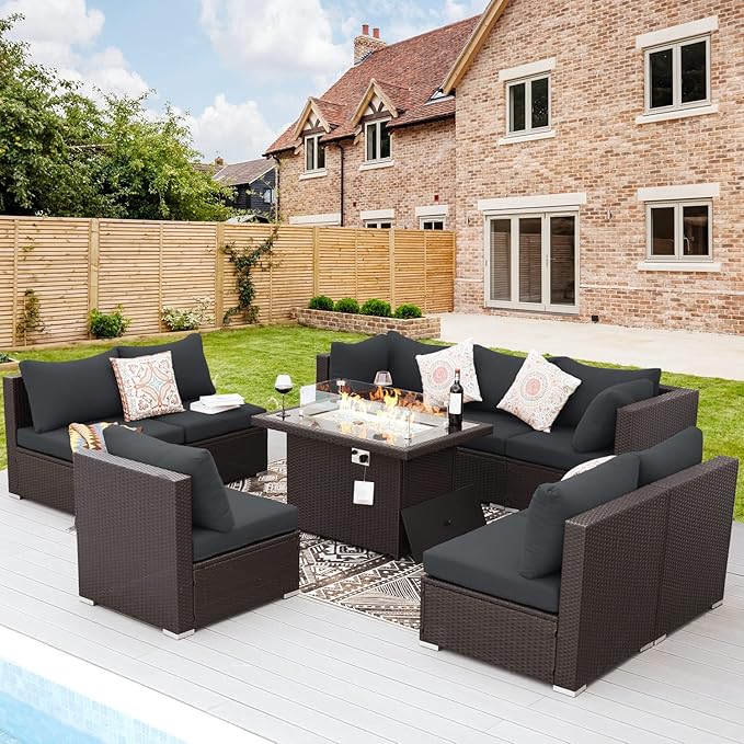 NICESOUL 9 Piece Extra Large Outdoor Patio Furniture Set with Fire Pit Natural Gas/Propane, 29.3 High Back Modular Sectional Couch Sets, Deep Seat Conversation Set, Brown Rattan and Dark Grey Cushion NICESOUL