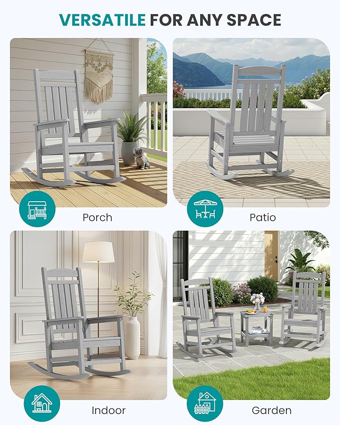 SERWALL HDPE Outdoor Rocking Chair Set of 2, Oversized Patio Rocking Chairs, All-Weather Porch Rockers for Adults, Light Gray SERWALL
