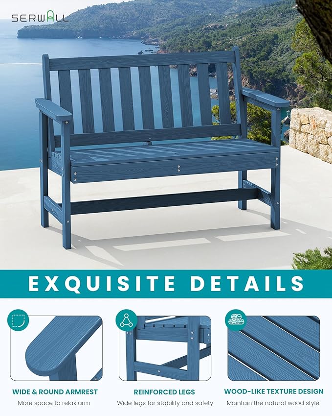 SERWALL Outdoor Bench, HDPE Outdoor Benches Weatherproof, 2-Person Garden Bench with 660 lbs Weight Capacity, Patio Benches for Outdoors, Garden, Porch, Backyard and Park, Navy, 6 Pack SERWALL