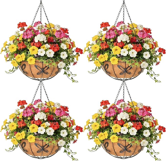 4 Pack 14 Inch Hanging Baskets for Plants Outdoor Metal Hanging Planter Hanging Flower Baskets with Coco Fiber Liners Chain Round Wire Plant Holder Hanging Flower Pots(Butterfly) Qusuxi