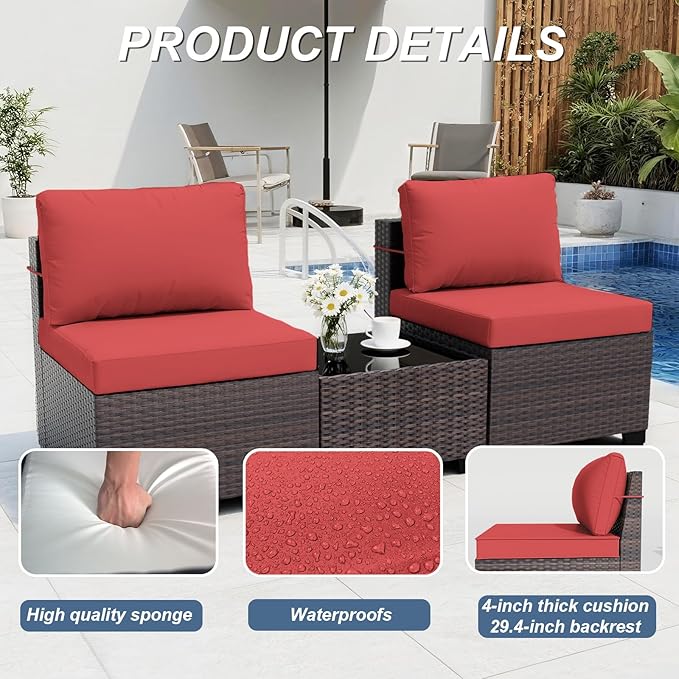 ALAULM Patio Furniture Set with Fire Pit Table 55000 BTU, Outdoor Sectional with Wide Seat and Thick Cushion, 15 Piece Wicker Rattan Conversation Set with Coffee Table for Garden, Deck, Red ALAULM