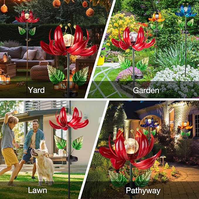 Solar Lights Outdoor Garden Decor, Solar Wind Spinner Yard Decorations Gifts for Outside, Lotus Windmill Pathway with LED Cracked Crystal Ball Waterproof Flower Sculpture for Patio Lawn AIINY