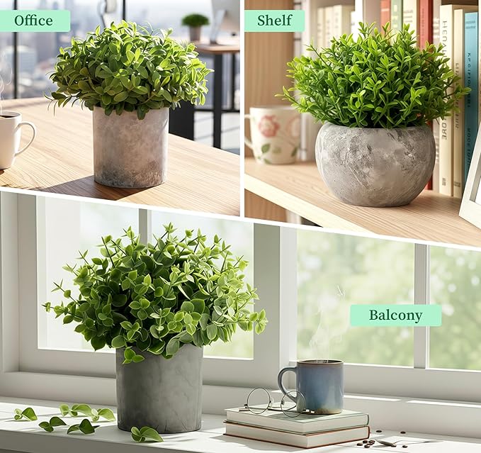 Fake Plants,5 Pack Small Fake Plants Mini Potted Artificial Eucalyptus Greenery Plastic Green Grass Plants for Indoor Outdoor,Mini Faux Plant for Shelve Desk Table Farmhouse Bathroom Shelf Decor Lemonfilter