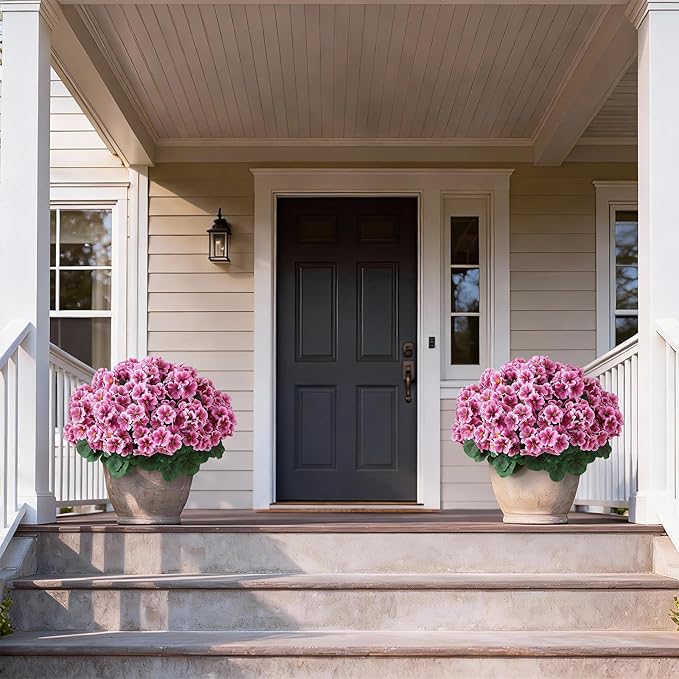 2 Pack Artificial Geranium Flowers Topitary Trees for Outdoors, UV Resistant Geraniums Potted Bushes Look Real Silk Faux Plants for Front Door Garden Porch Planter Farmhouse Home Decor (Pink) GLIDLION