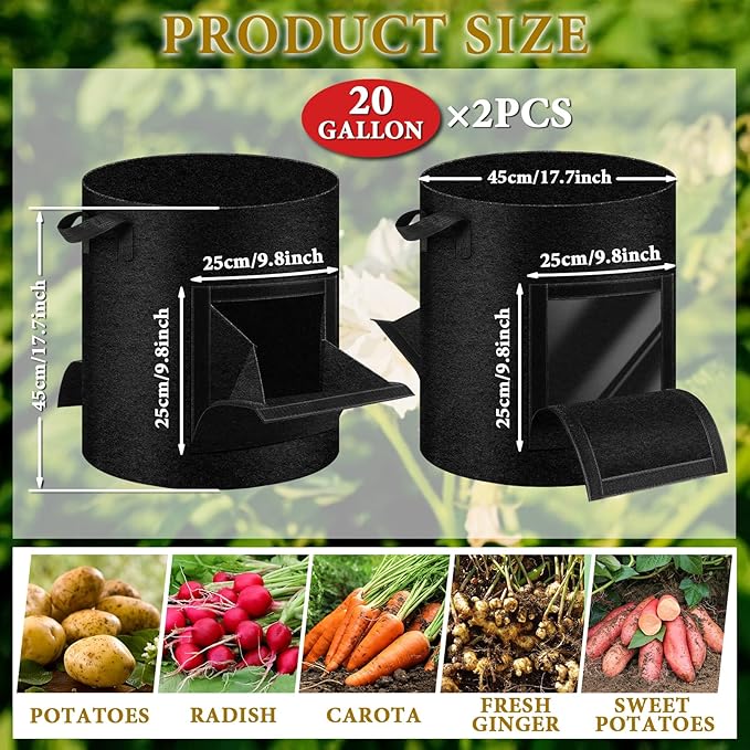 2 Pack 20 Gallon Potato Grow Bags with Pull-Down Harvest Window, Potato Bags for Growing Potatoes Heavy Duty Thickened Nonwoven Fabric Gardening Vegetable Growing Bags with Visible Window WelcometoUJG%EF%BC%81