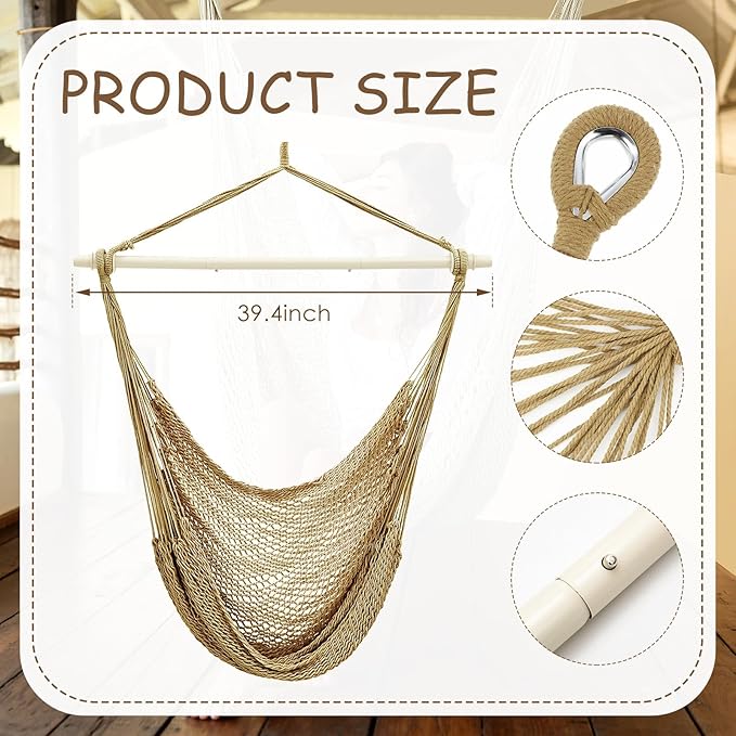 Barydat 2 Pcs Hanging Hammock Chair Boho Swing Chair Indoor Outdoor Cotton Rope Weaving Chair with 40 Inch Detachable Metal Bars for Backyard Living Room Bedroom Garden(Brown) home
