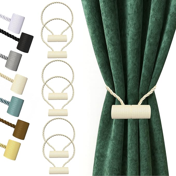 Hion Magnetic Curtain Tiebacks Beige 6 Pack, Curtain Tiebacks Buckles Holdbacks Holders Hooks Clip for Home Bedroom Office Decorative Thick or Thin Curtain Hion