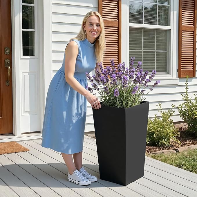 VEVOR 30 inch Tall Planters for Outdoor Plants Set of 2, Black Tall Planter for Indoor Plants, Modern Large Planters for Front Porch Patio Balcony, Plant Container Flower Pots with Built-in Drainage VEVOR