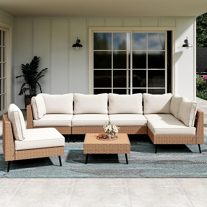 LAUSAINT HOME Outdoor Patio Furniture, 7 Piece Outdoor Sectional Sofa PE Rattan Wicker Patio Conversation Sets, All Weather Patio Furniture Set with Thick Cushions for Garden, Backyard(Beige) LAUSAINTHOME