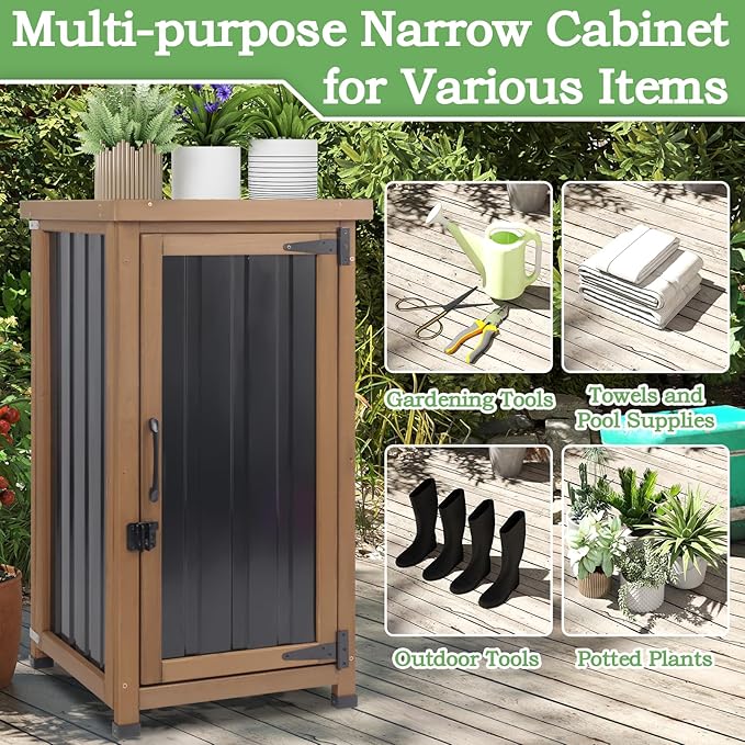 Small Outdoor Storage Cabinet Waterproof with Metal Top, Wood & Metal Outside Potting Bench Table Tool Organizer with Adjustable Shelf for Patio Backyard Garden PETSCOSSET