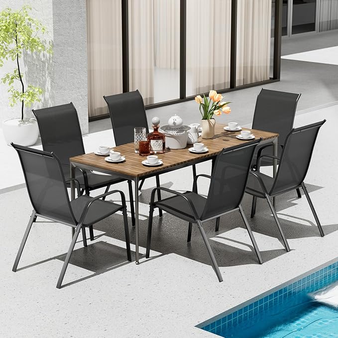 TLSUNNY Patio Chairs, Stackable Textilene Outdoor Dining Furniture for All Weather, with 17.7″ Wide Seat & Metal Frame, for Garden, Backyard, Deck, Restaurant, Poolside (6, Black, 26.4″) TLSUNNY