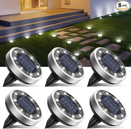 btfarm 6 Pack Solar Lights Outdoor, 8 LED Solar Ground Lights IP65 Waterproof Flat Solar Disc Light, Pathway Lights for Garden Lawn Patio Yard Path Landscape, Cool White btfarmdecorativelighting