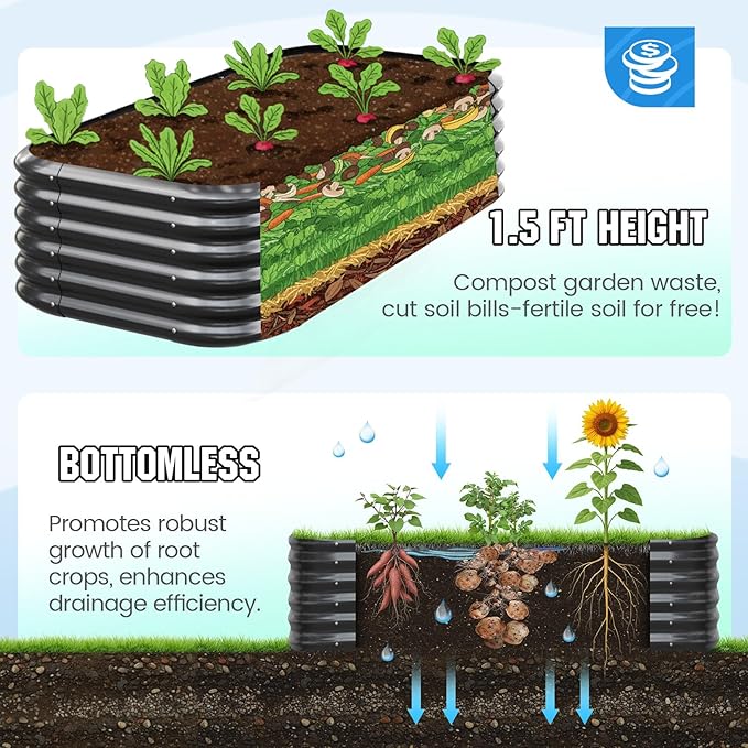Quictent Galvanized Raised Garden Bed Kit, 6x3x1.5 ft Oval Metal Planter Box Tall for Vegetables Outdoor Backyard, Strengthened by Crossbar, Dark Gray QUICTENT