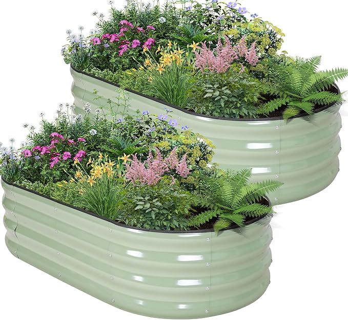 Galvanized Raised Garden Bed - 4×2×1ft (2 Packs) Planter Raised Beds for Gardening | Oval Metal Garden Planter Box with Safety Edging and Gloves for Vegetables Fruits Flower - AvocadoGreen BIRDSINYARD