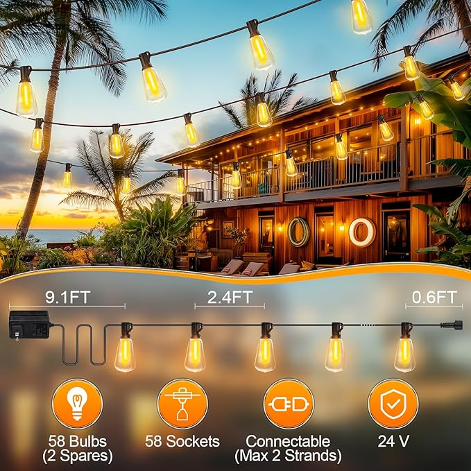 Outdoor String Led Patio Lights - 150Ft 45M Outside Waterproof Light With Remote Dimmable ST38 Shatterproof Bulb Connectable Hanging Outdoor Electric Lighting For Backyard Yard Gazebo Porch Party MGVIH