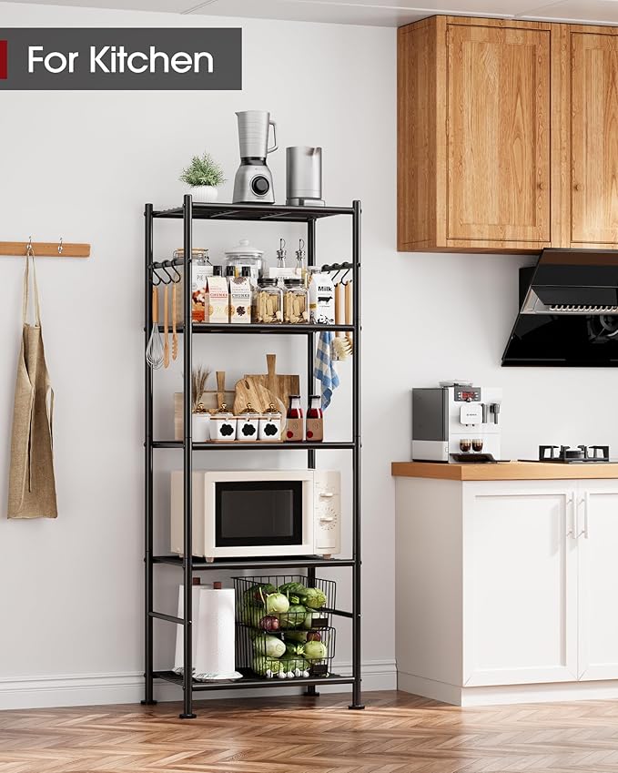 Storage Shelves - 5-Tier Large Capacity Shelf Organizer with Hooks, Heavy-Duty Garage Shelving with Leveling Feet, Wobble-Free Rack for Bedroom, Balcony, Garage, 18.1"×12.4"×56.8", Black Sakugi