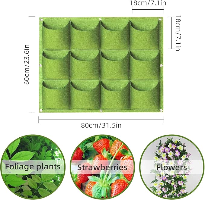 Hanging Planting Grow Bags, 12 Pockets Hanging Vertical Wall Planter Wall Mounted Grow Bag Outdoor Indoor Gardening Vertical Greening Flower Container, Planting Bags Storage Bags(0.6 m × 0.8 m, Green) LITLANDSTAR