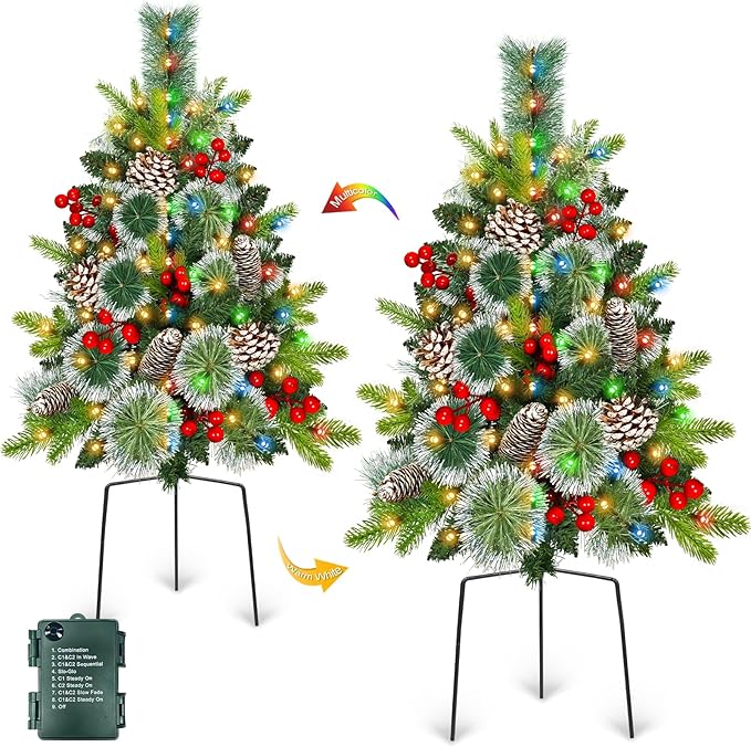 2 Pack Outdoor Christmas Tree Urn Fillers with 8 Modes Timer, 40 Warm & Colorful Change Lights, Pinecones Red Berries Decorations, Battery Operated for Holiday Planters Yard Porch Pathway Xmas Decor Grandeal