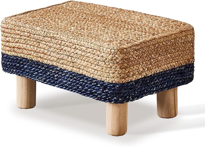 Wimarsbon Natural Seagrass Footstool Ottoman Rectangular Footrest Pouf Ottomans with Wooden Legs Hand Weave Step Stool for Living Room Bedroom Entryway Blue Wimarsbon