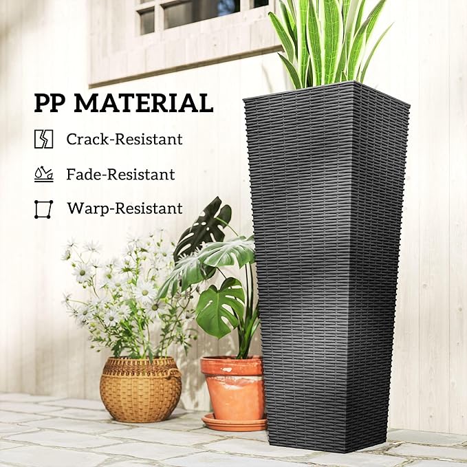 Outsunny 32 Inch Tall Planters for Outdoor Plants, Set of 2 Plastic Rattan-Like Flower Pots with Drainage Holes, Stackable Tapered Planters for Indoor Plants, Front Porch, Black Outsunny